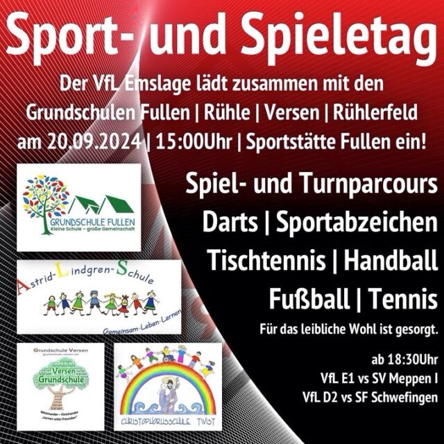 Hier eine kurze Zusammenstellung einiger Fotos zum Sport- und Spieletag vom VfL Emslage in Zusammenarbeit mit den Grundschulen aus Fullen, Versen, Rühle und Rühlerfeld.
Uns war es eine Freude und es riesigen Spaß mit euch gemacht. Wir hoffen, ihr fandet es auch MEGA!